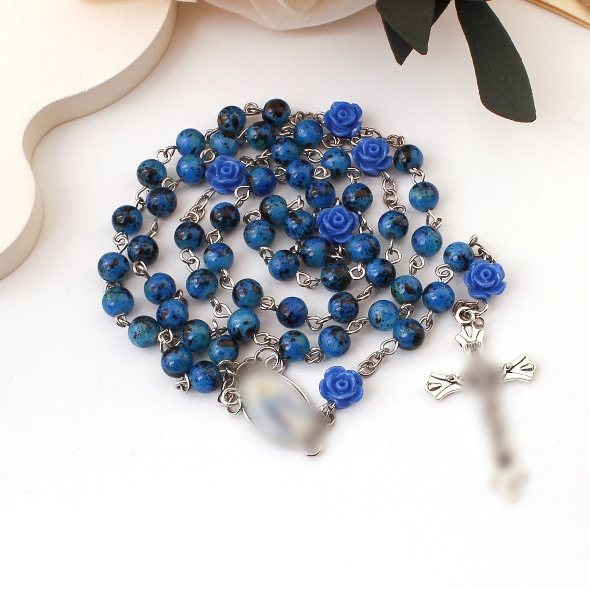 Women's & Men's Royal Blue Paint Beads Rose Cross Long Baptism Prayer Sweater Necklaces