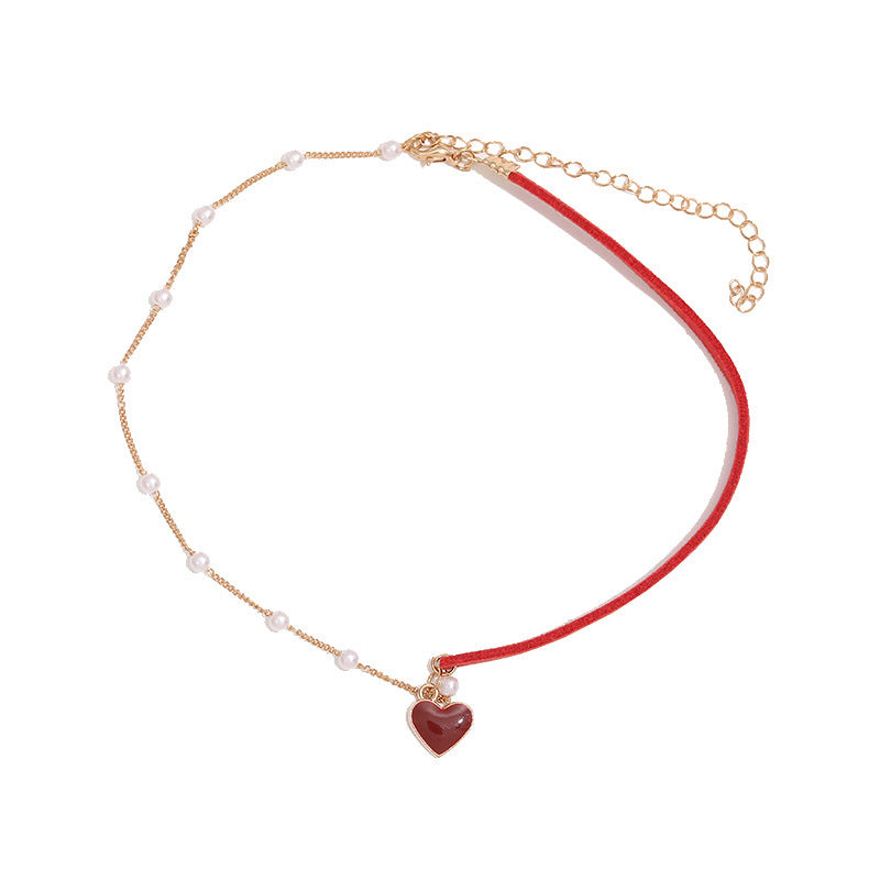 Korean Style Pearl Red Clavicle Chain Neck Strap Collar