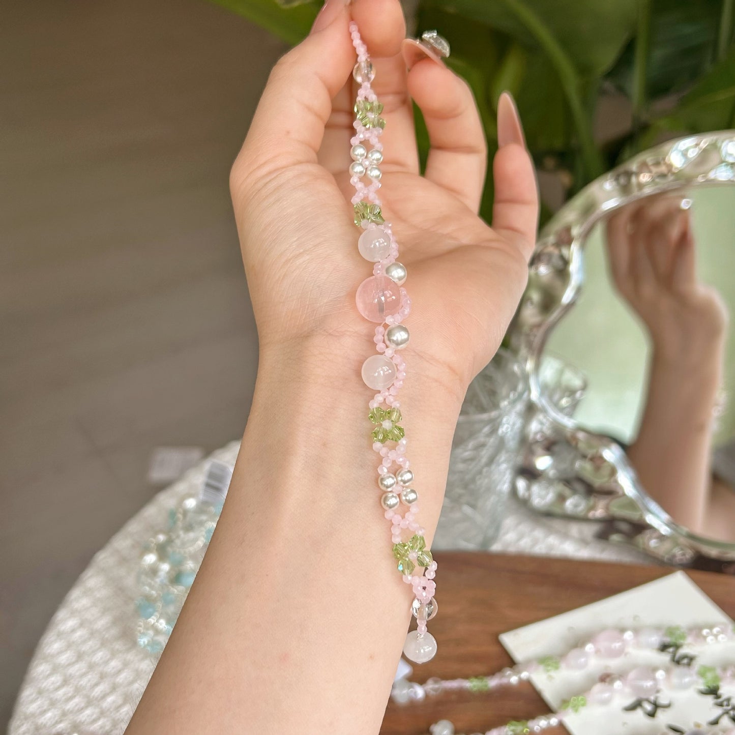 Pink Crystal Woven Small Flower Handmade Beaded Fresh Cute Niche Bracelet