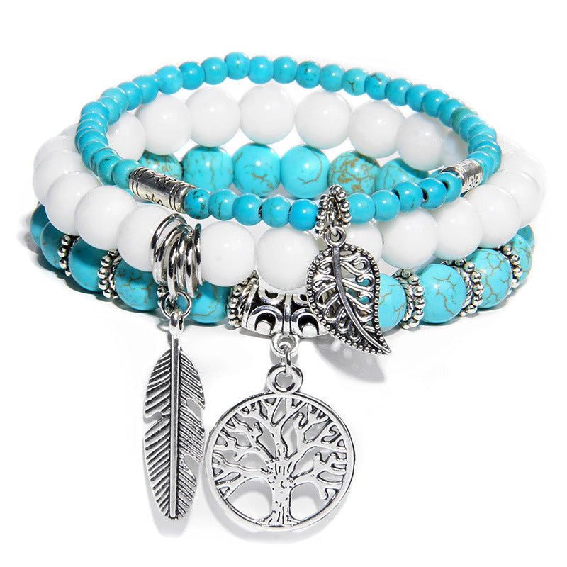 Women's Stone Bead Three-piece Tree Of Life Feather Vintage Bracelets