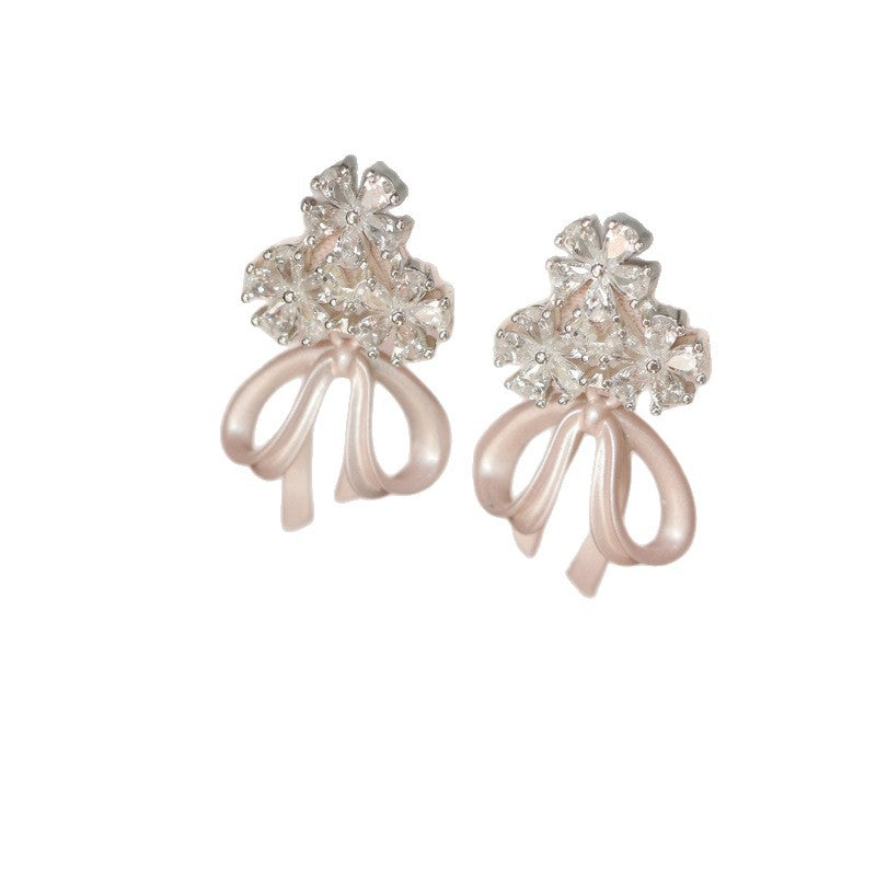 Sier Needle Drop Oil Zircon Flower Bow Simple Sweet Stud Earrings