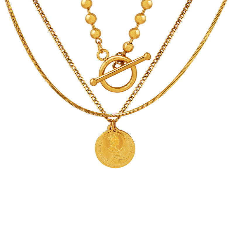 Trendy Double Round Queen Portrait Buckle Twin Female Necklace