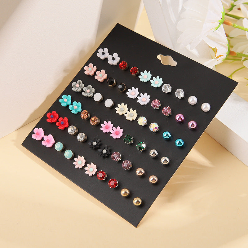 Women's Temperament Wild Pairs Colorful Rhinestone Resin Flower Earings Creative Earrings