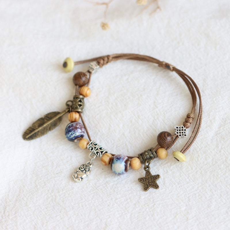 National Style Woven Lucky Cat Ceramic Adjustable Ethnic Carrying Bracelet