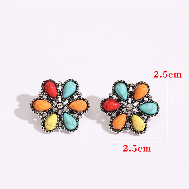 Women's Retro Bohemian Flower Colorful Turquoise Ear Hollow Sunflower Rings