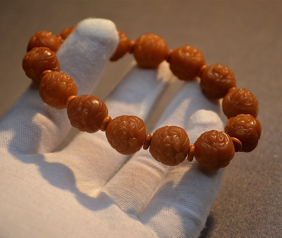 Women's & Men's Single Circle Weathered Yellow Bodhi Root Carved Bracelets