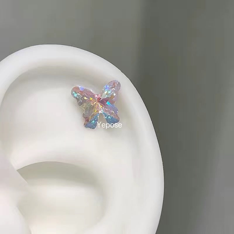 Polarized Butterfly Zircon Ear Bone Flat Bottom Pin Titanium Steel Stud Earrings
