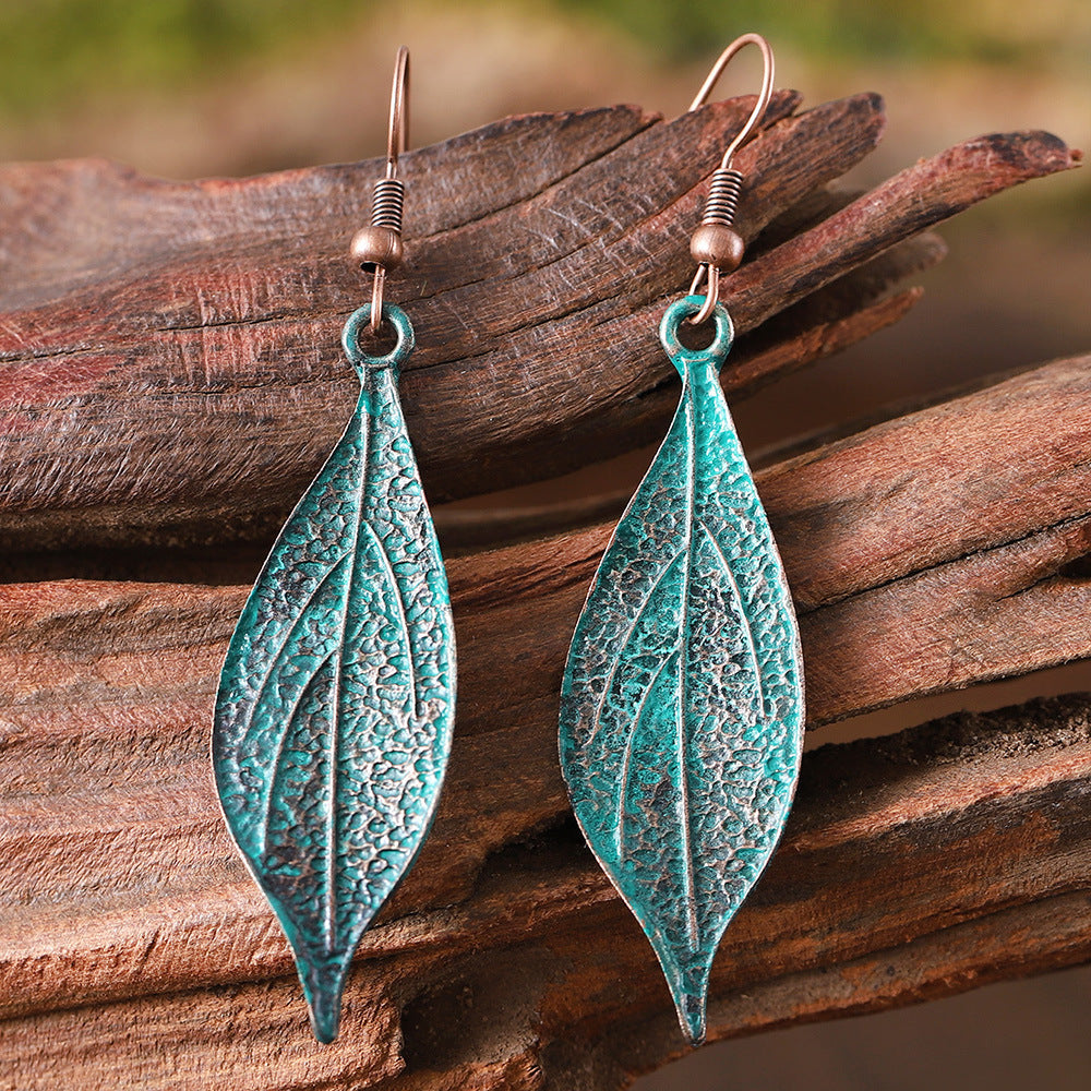 Ancient Blue Leaf-shaped Distressed Leaf Vintage Court Style Simple Stud Earrings