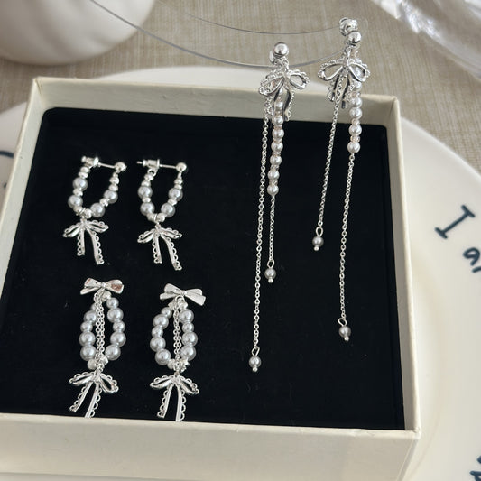 Super Fairy Lace Bow Pearl Tassel Female Design Gentle Earrings