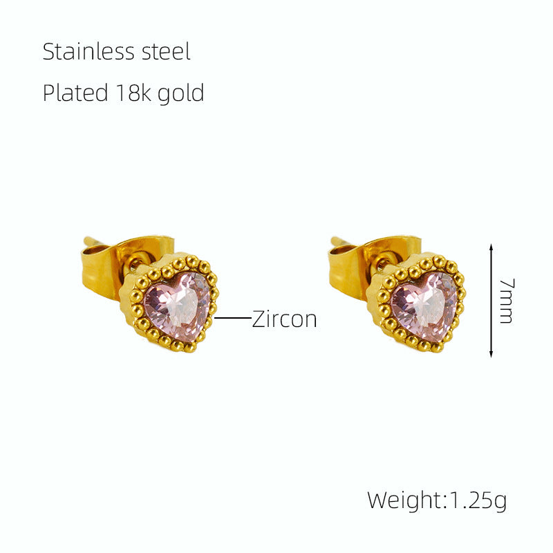 Women's Inlaid Zircon Heart-shaped Small Ear Titanium Earrings