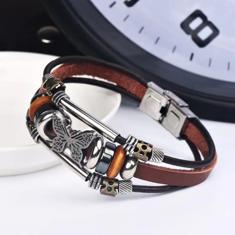 Men's Variety Of Cattle Leather Woven Gift Retro Stainless Steel Bracelet