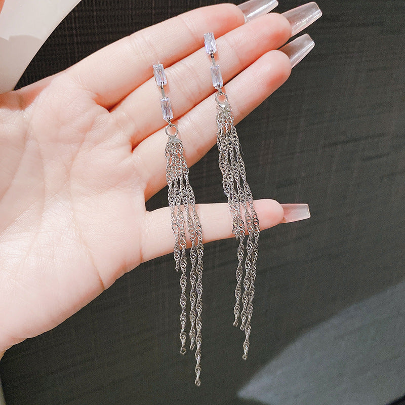 Women's Trendy Long Tassel Square Zircon Simple Design Frosty Earrings