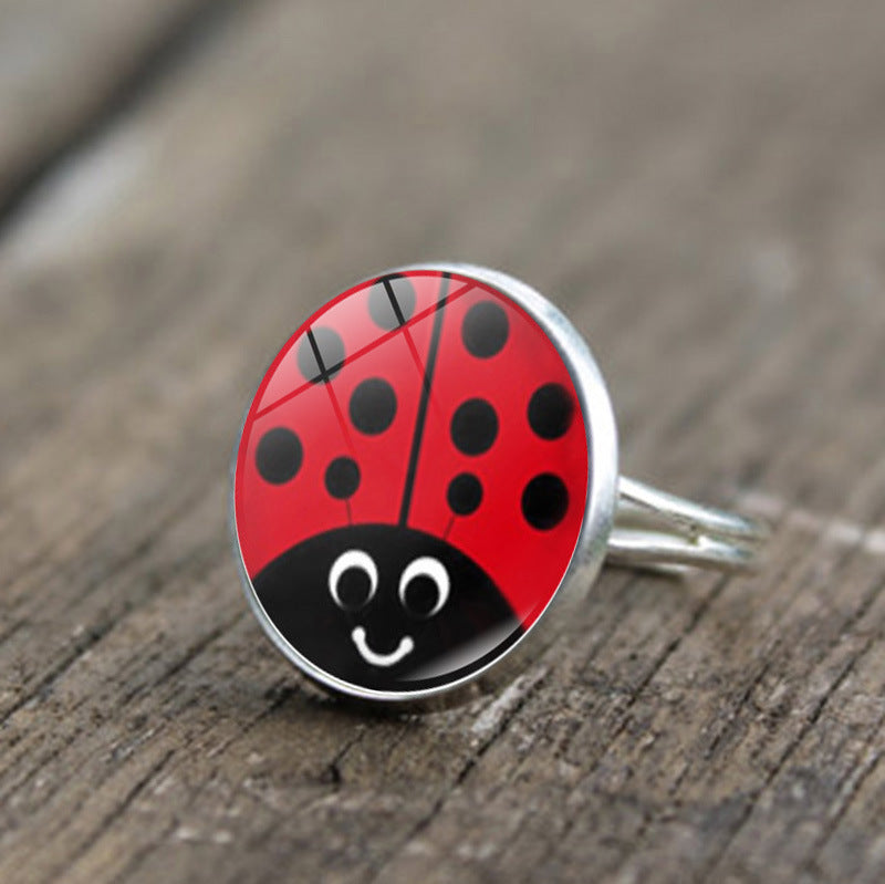 Round Polka Dot Time Stone Cartoon Anime Ladybug Brush Printed Ring