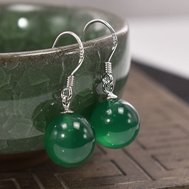 Women's Agate Sier Ear Hook Green Chalcedony Yellow Black Earrings