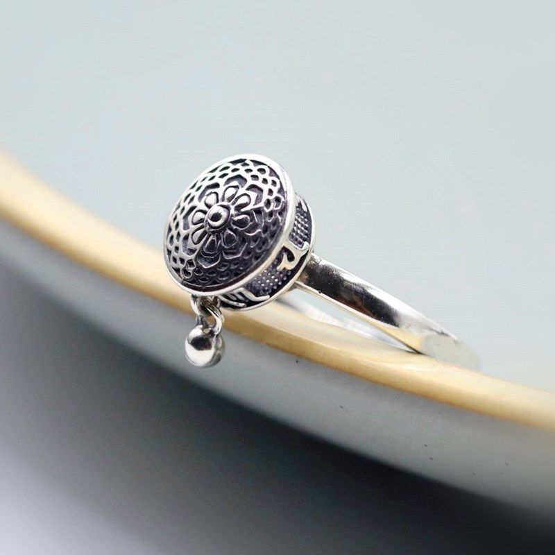 Women's Sier Six Words Mantra Heart Sutra Rotating Open Mouth Rings