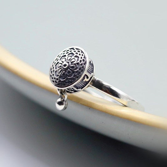 Women's Sier Six Words Mantra Heart Sutra Rotating Open Mouth Rings