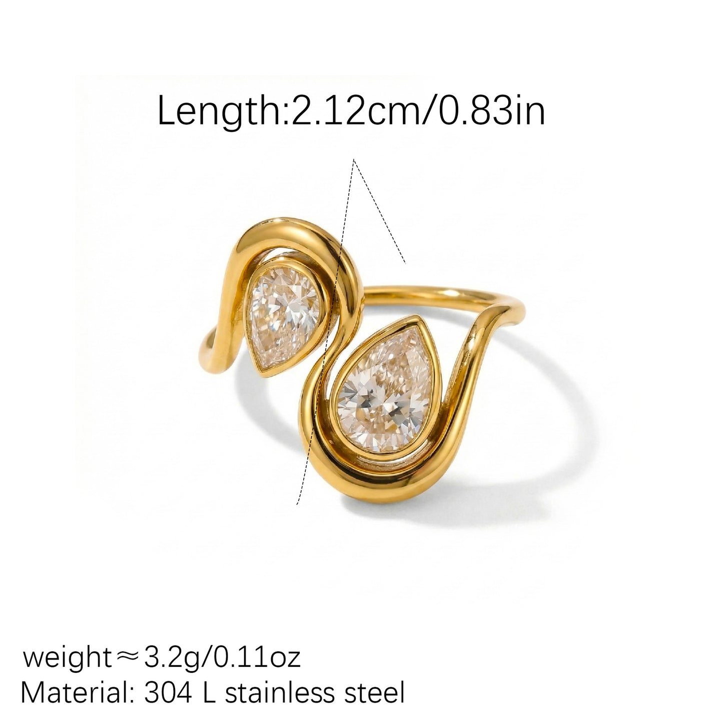 Design Double Water Drop Zircon Gold Hollow Out Bezel Ring