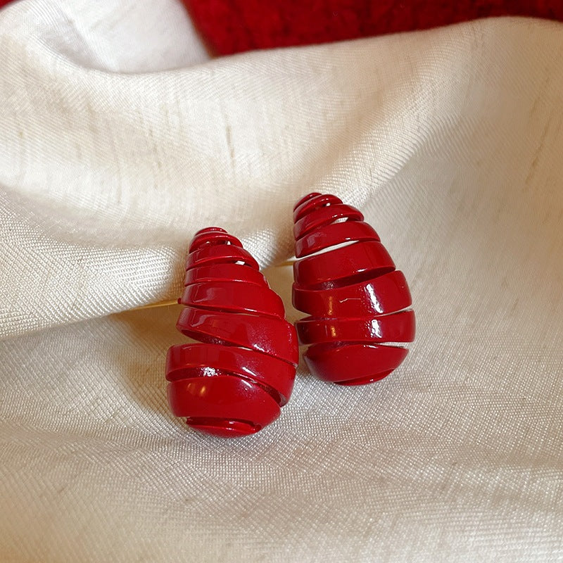 Women's Sier Needle Red Geometric Ear Korean Earrings