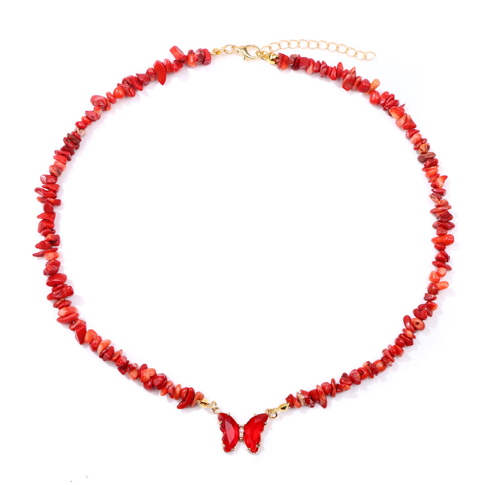 Women's Stone Gravel Beads Simple Butterfly Gem Necklaces