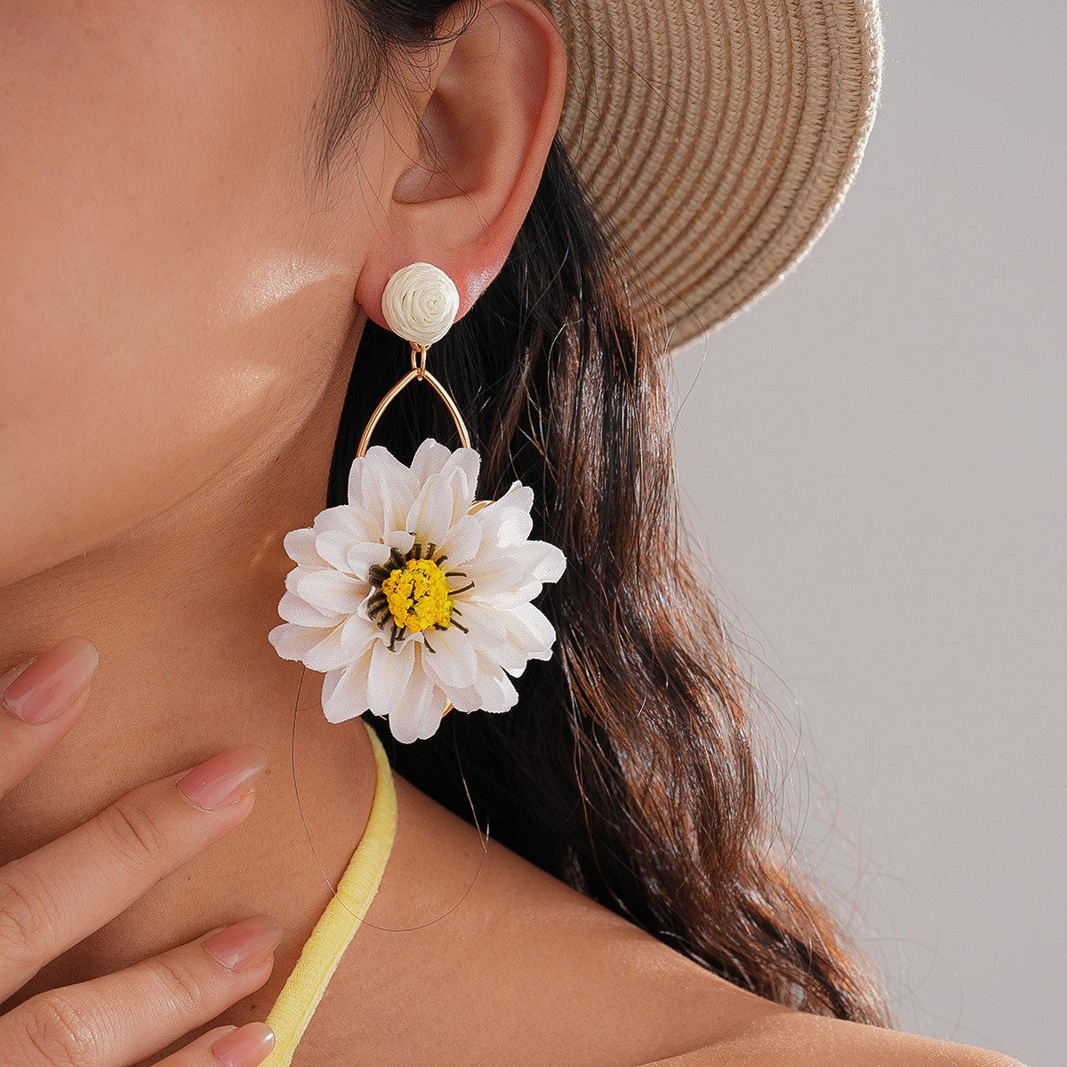 Raffia Fabric Flower Steel Needle Seaside Earrings