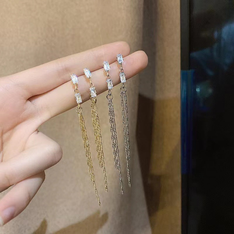 Women's Trendy Long Tassel Square Zircon Simple Design Frosty Earrings