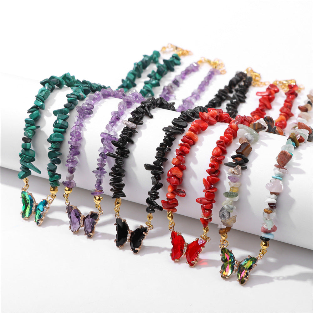 Women's Stone Gravel Beads Simple Butterfly Gem Necklaces