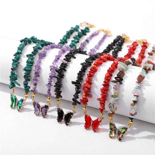Women's Stone Gravel Beads Simple Butterfly Gem Necklaces