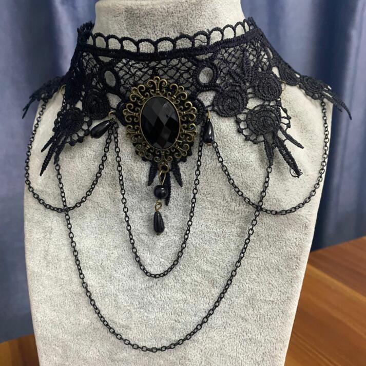 Lace Big Stone Wide Black Punk Necklaces