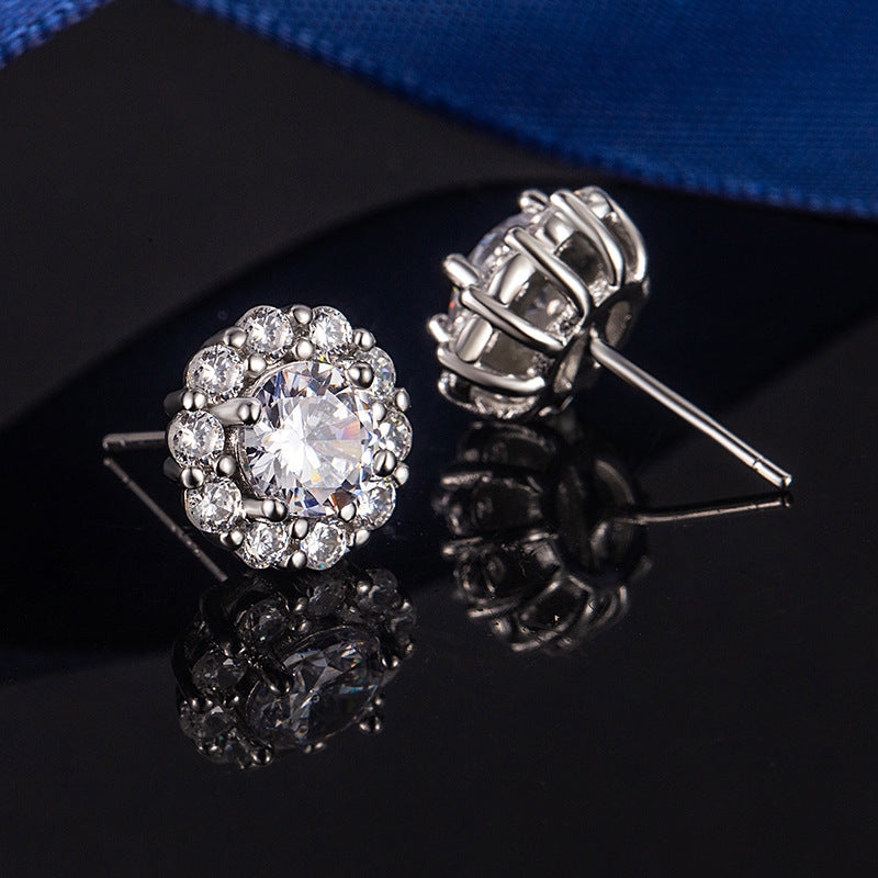 Imitation Moissanite Female Sun Flower Ear Karat Electroplated Platinum Live Stud Earrings
