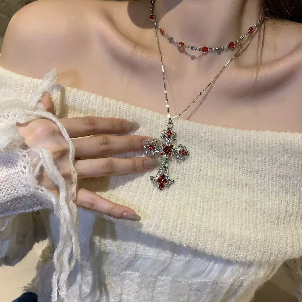 Punk Red Cross Female Trendy Hot Gothic Style Double Layer Necklace