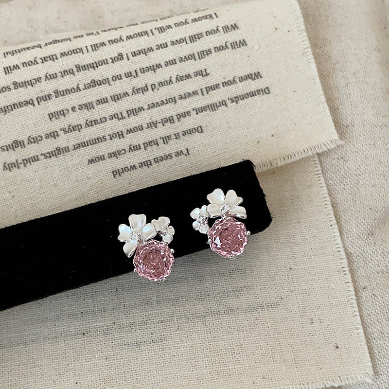 Women's Simple High-grade White Drop Oil Three-dimensional Petals Zircon Light Luxury Earrings