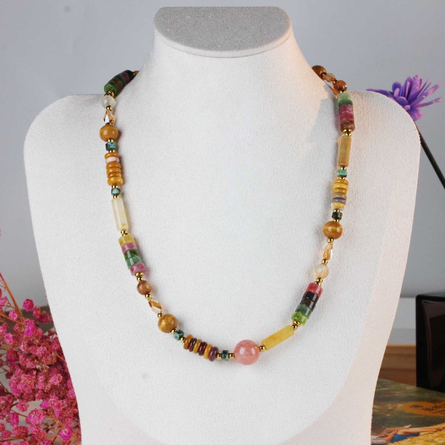 Beaded Weave Fashionable Tourmaline Pink Beads Artistic Sweater Necklace