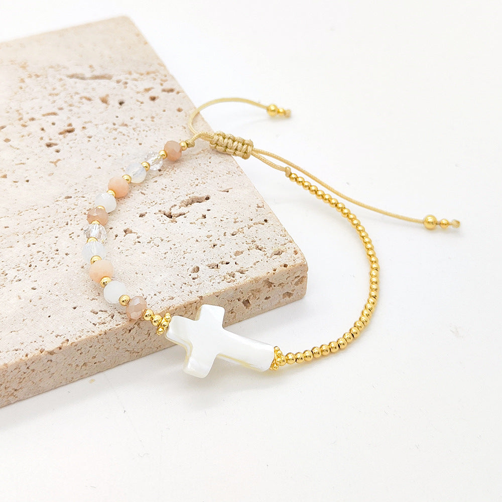 Women's Wind Simple Crystal Handmade Beaded Natural Shell Cross Woven Bracelet