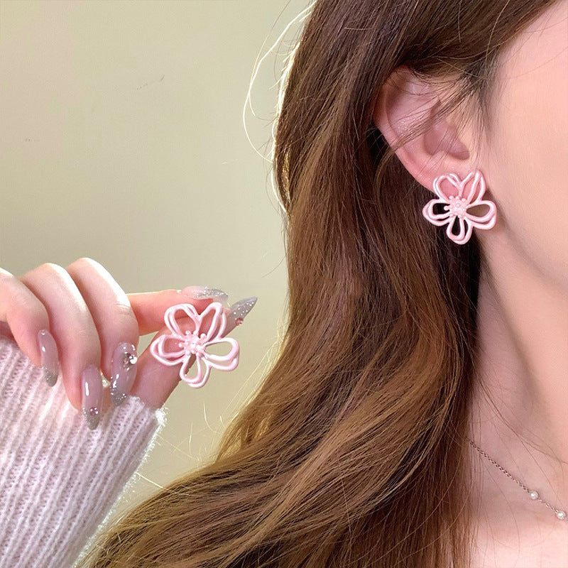 Women's Spring Sweet Pink Openwork Flower Light Stud Earrings
