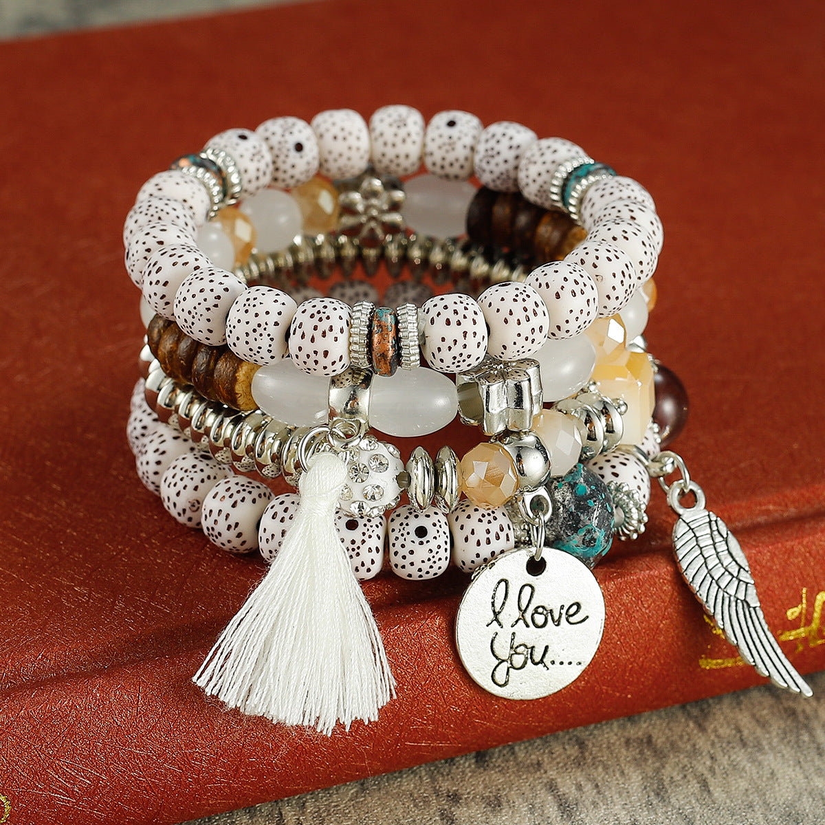 Combination Buddha Beads Simple Disc Heart Wings Tassel Bracelet