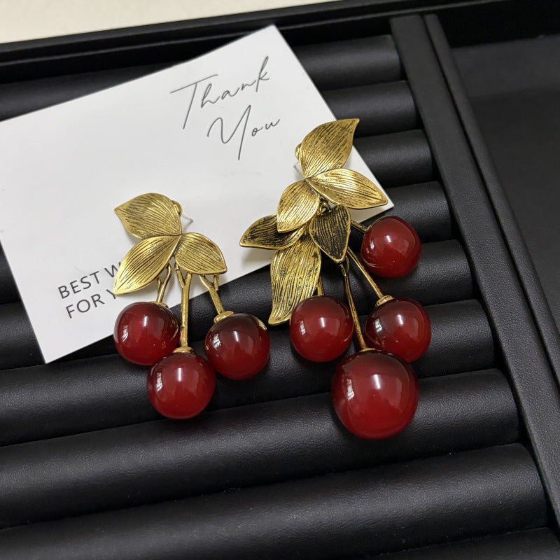Women's Distressed Metal Leaf Resin Fruit Light Luxury High-grade Fashionable Earrings
