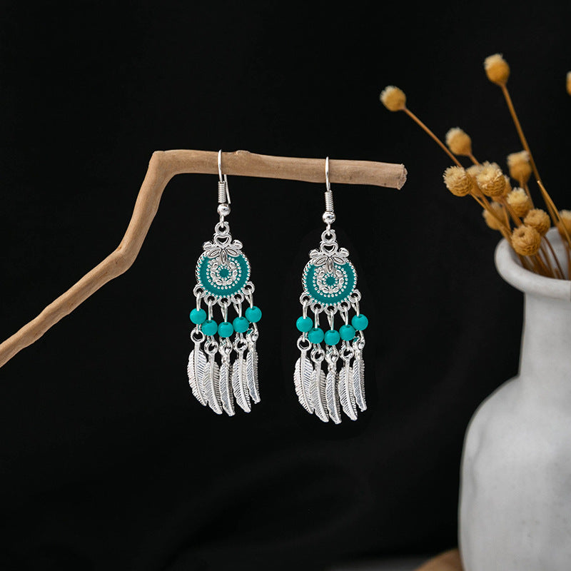 Miao Sier Colorful Long Feather Tassel Rings