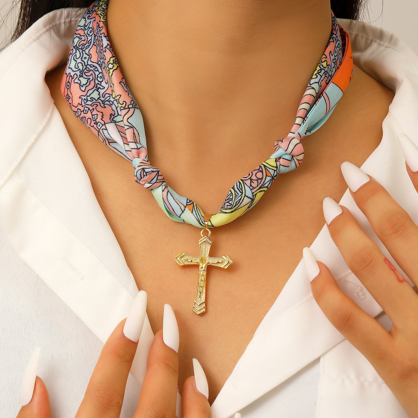 Women's Colorful Silk Scarf Hand-knotted Cross Fabric Necklace