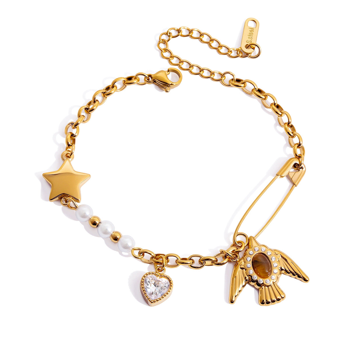 Women's Stainless Steel Pearl Tigereye Flying Bird Light Luxury Bracelet