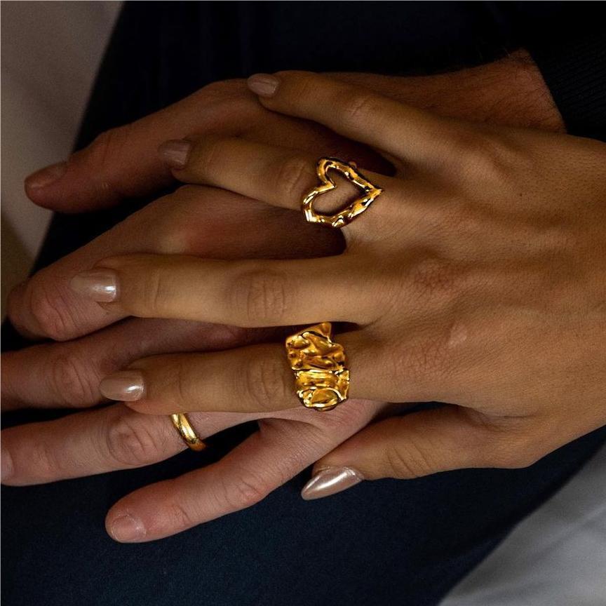 Women's Fashion Gold Stainless Steel Lava Texture Rings