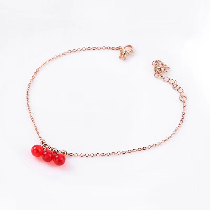 Women's Steel Rose Gold Three Red Beads Simple Bracelet