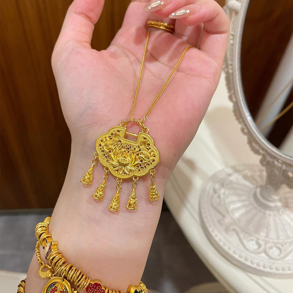 Women's Chinese Ancient Style Hollow Lotus Tassel Safety Lock National Fashion Necklaces