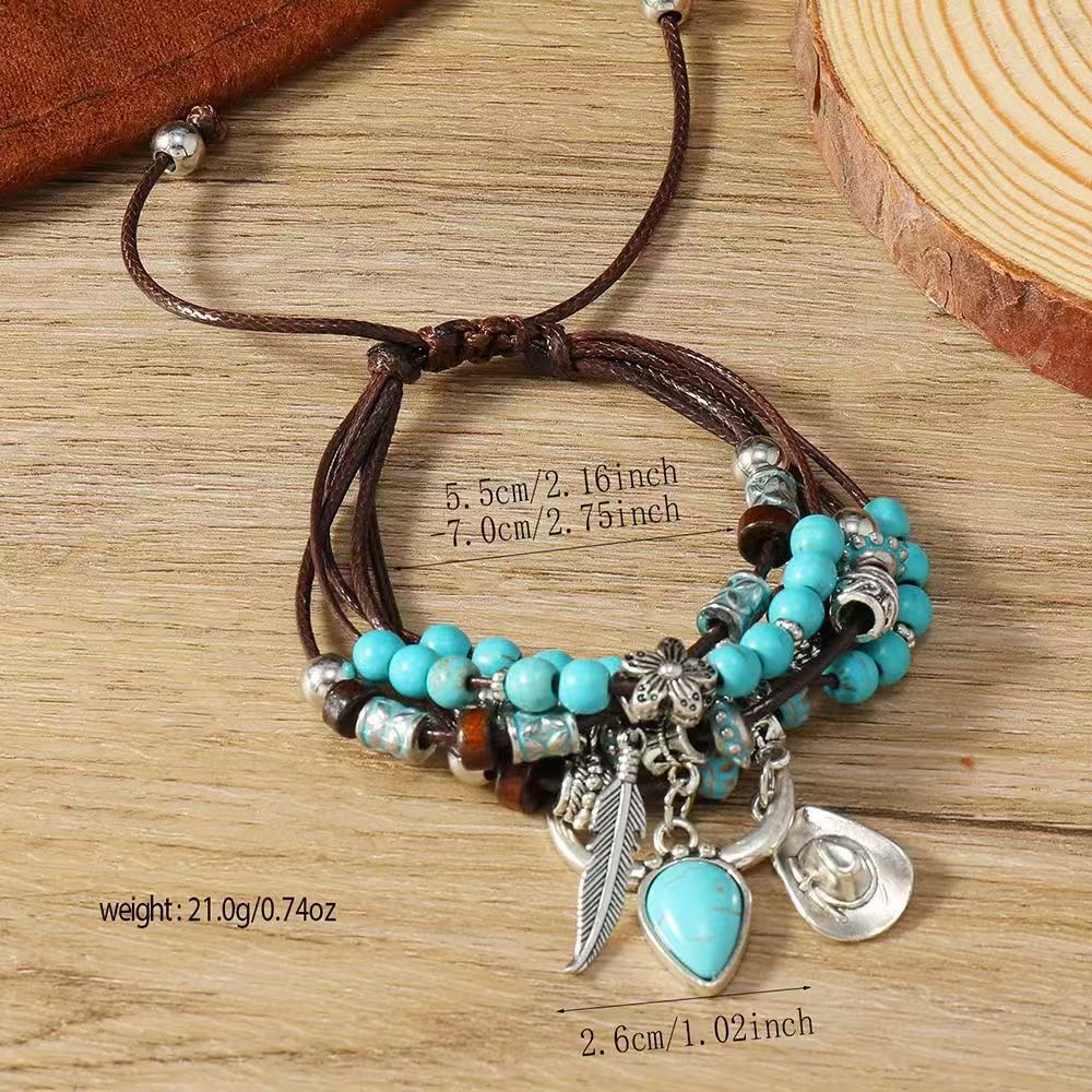 Bohemian Turquoise Ox Head Cowboy Hat Feather Bracelet