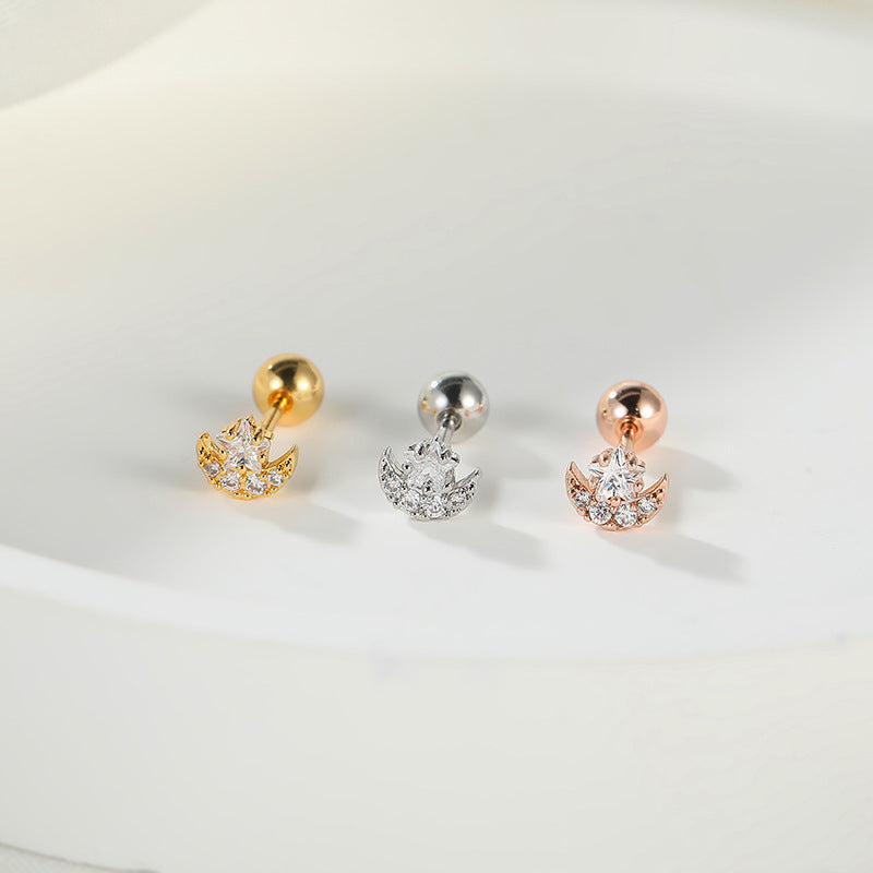 Fashion Lady Micro Inlaid Zircon Rose Gold Plating Star Moon Stud Earrings