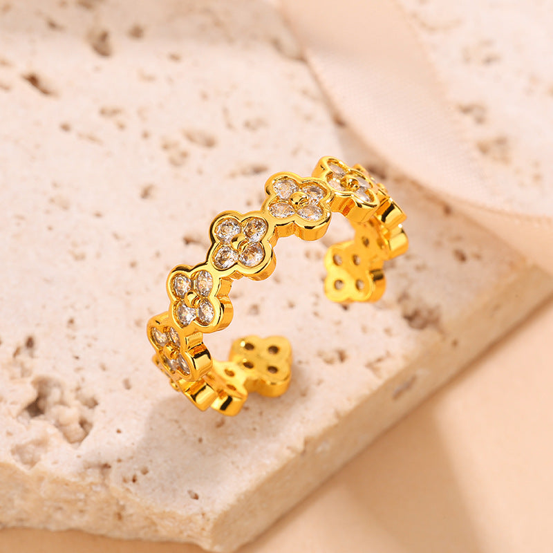 Luxury Copper Inlaid Color Diamond Clover Open Adjustable Elegant Ring