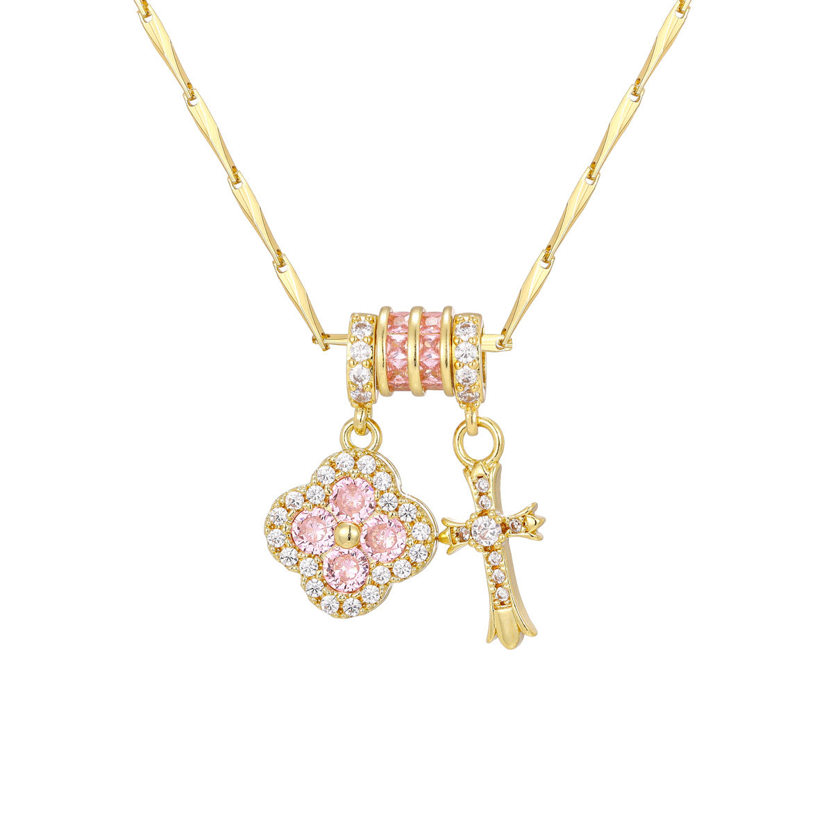 Pink Zirconium Small Waist Gold Clover Cross Pendants