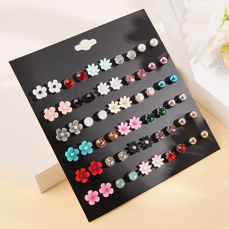 Women's Temperament Wild Pairs Colorful Rhinestone Resin Flower Earings Creative Earrings