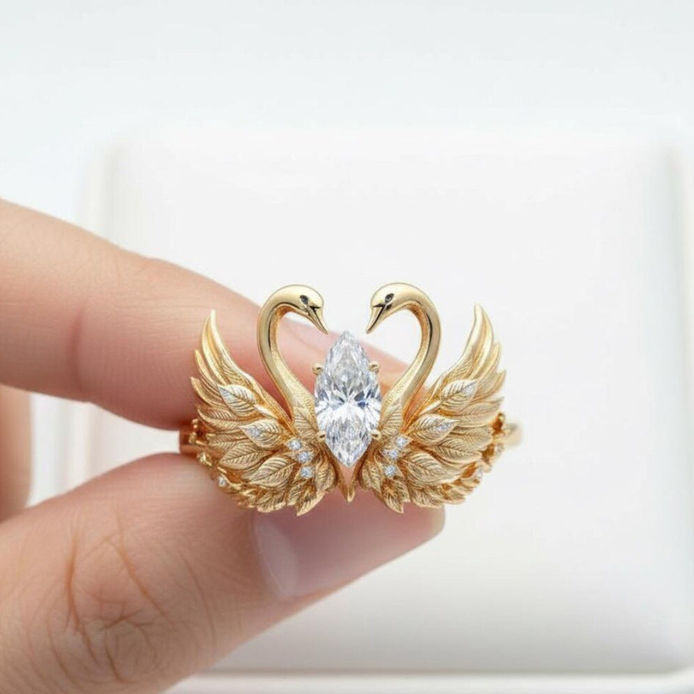 Swan Wings Engagement Horse Eye Zircon Unique Bird Wedding Full Ring