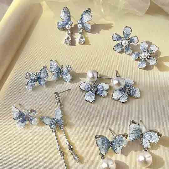 Blue Crystal Butterfly Flower Fashion Simple Fresh Light Luxury High Earrings
