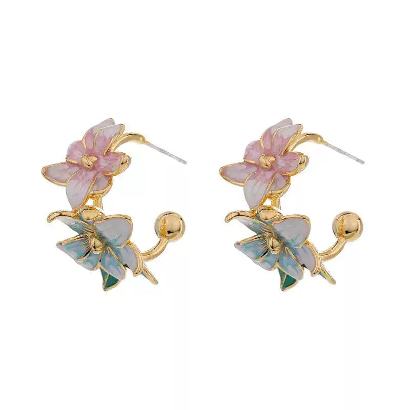 Enamel Colored Drip Glaze Flower Shaped Sier Pin High-grade Earrings